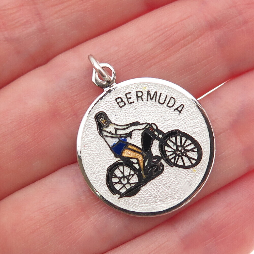BREADNER CO 925 Sterling Silver Vintage Enamel Motorcycler Bermuda Charm Pendant